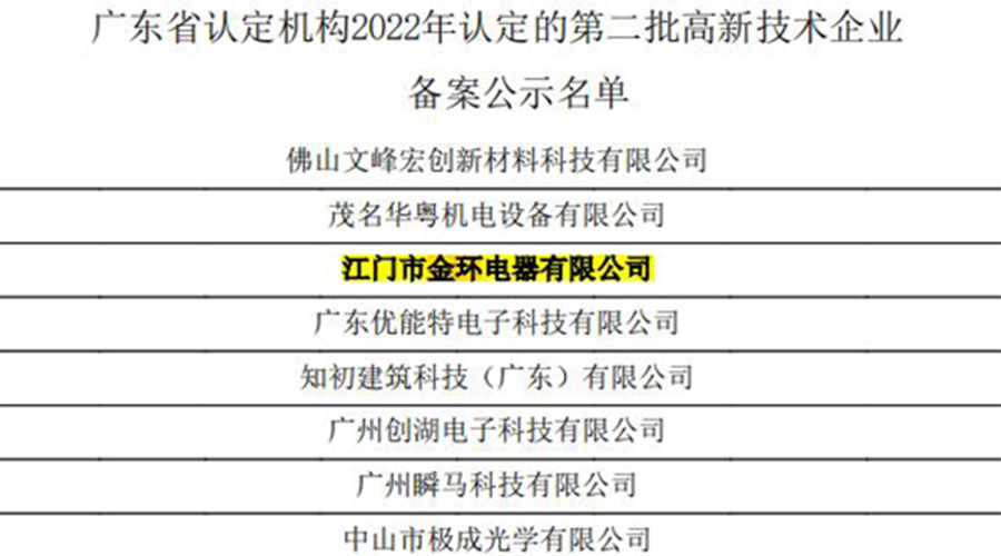 好消息！金環(huán)電器再次通過國家級“高新技術企業(yè)”認定